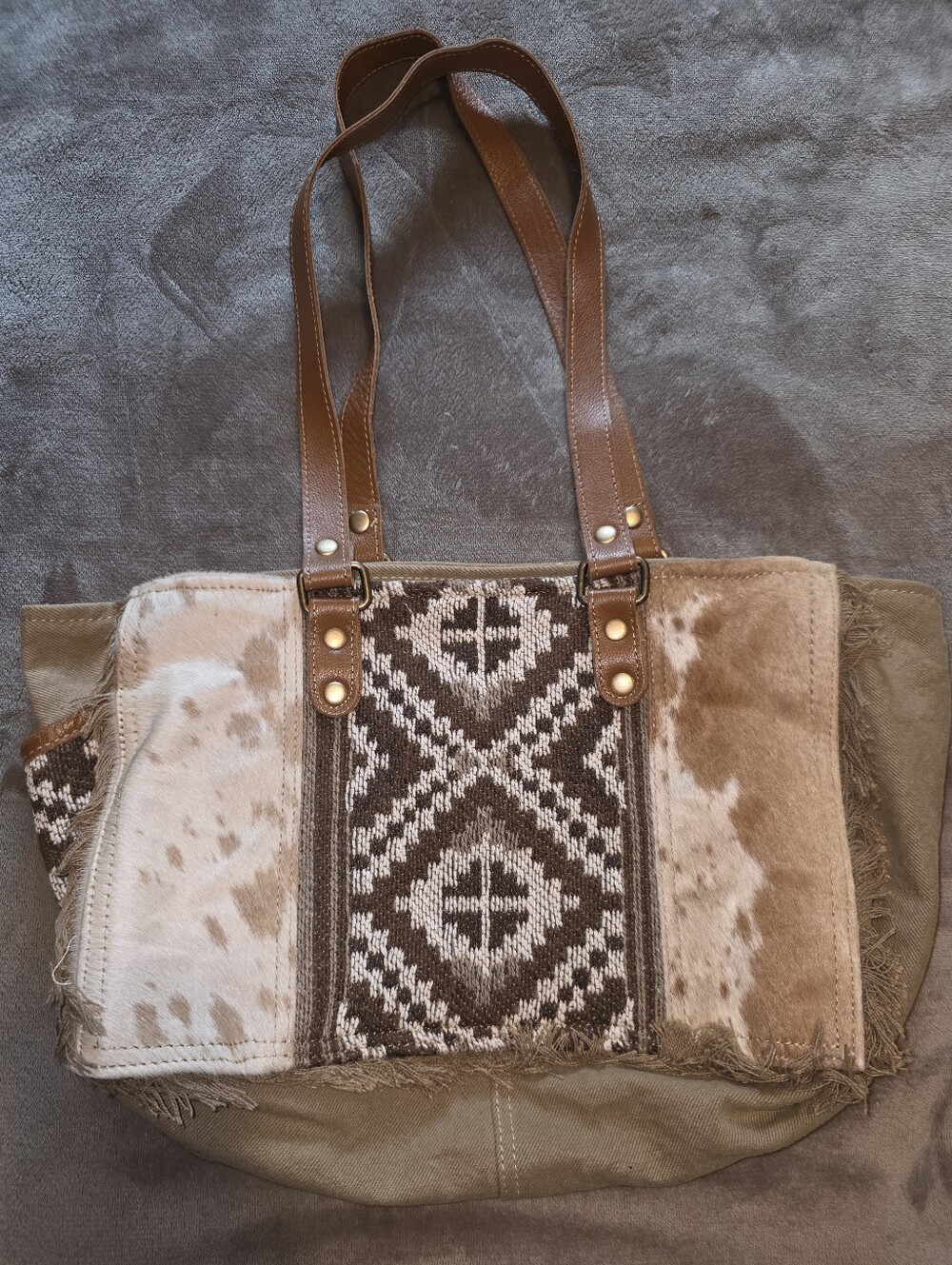 Myra handcrafted Brown & Cream Tribal Pattern Tote Bag